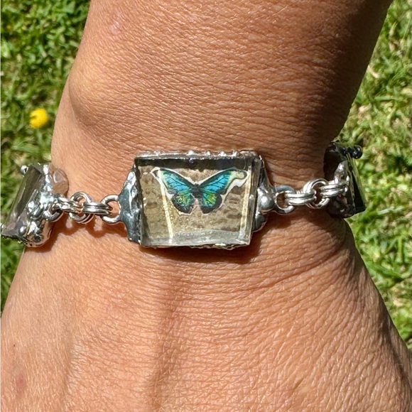 Artisan Bracelet W/ VNTG Anchor Hocking Lead Crystal Glass & Silver Blend Bezels - Picture 1 of 17
